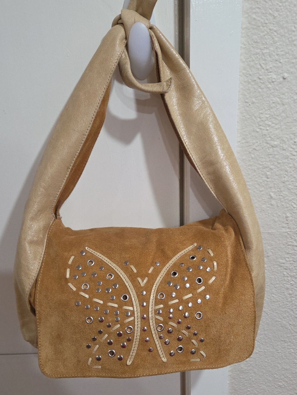 ARCADIA Beige Suede Butterfly Shoulder Bag